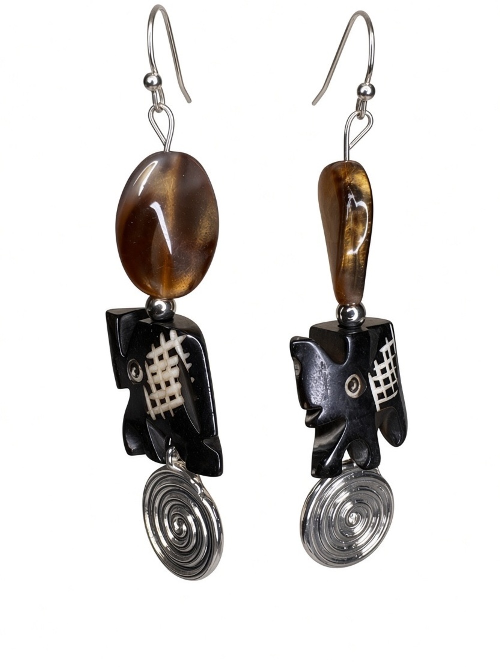 Handmade (by me!) Carved Stone Elephant Tribal Style Drop Earrings